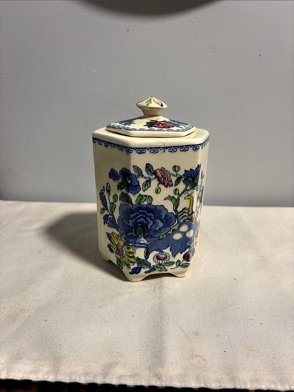 1940’s Floral Lidded Ceramic Canister in White & Blue